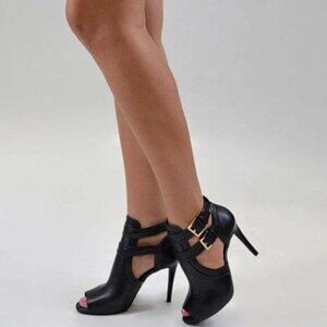 XYD Black Peep Toe Ankle Bootie High Heels Buckled Double Straps Cutout Shoes